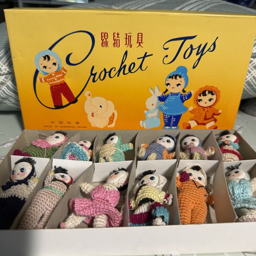 Vintage Crochet Toys Mini Handmade Amigurumi Dolls Set of 12 Made in China NOS